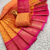 Kayal Premium Soft Silk Saree rich orange with pink mixed color body adorned with subtle checkered motifs and a striking contrast pink color border  - ORANGE
