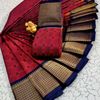 Kayal Premium Soft Silk Saree rich ruby with navy blue color mixed body adorned with subtle checkered motifs and a striking contrast navy blue border - RUBY COLOUR