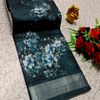 Digital printing linen cotton  trending sarees - PEACOCK BLUE