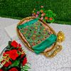 Luxurious heavy work blouse fabric with floral goldwork jaal border - TURQUOISE GREEN