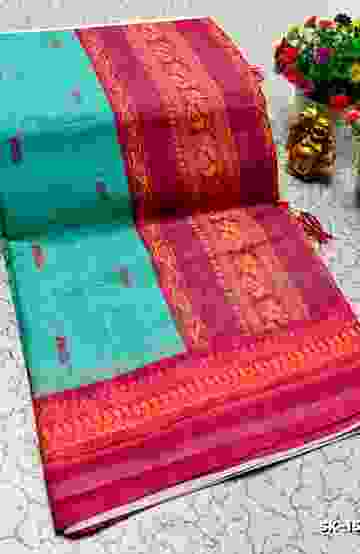 DIGITAL PRINTING KALIYANI LINEN COTTON SAREES - LIGHT SKY BLUE