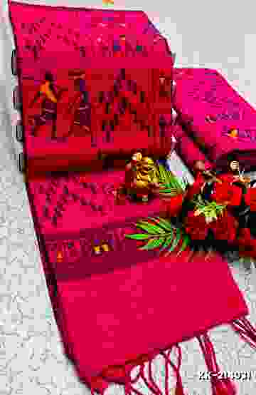 HANDLOOM KHADI COTTON SAREE WITH HAND PAINTED  WORK - DARK PINK