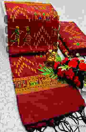HANDLOOM KHADI COTTON SAREE WITH HAND PAINTED  WORK - MERUN