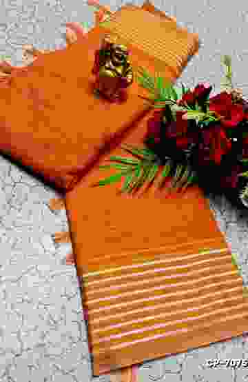 FANCY PLAIN COTTON  SOFT SILK SAREES - LIGHT ORANGE
