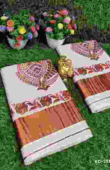 TRENDING KERALA SPECIAL FULL WORK EMBOSSED DIGITAL PRINTING TISSUE SAREE COLLECTIONS - BEIGE COLOUR (3)