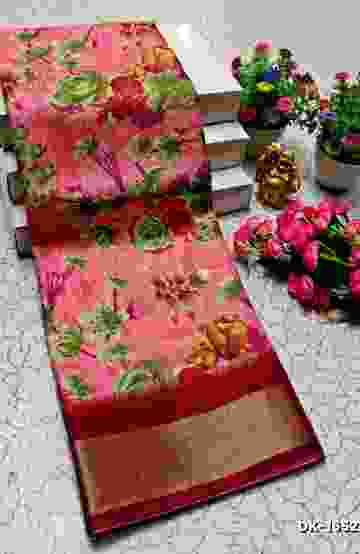 DIGITAL PRINTING DOLA SILK COTTON SAREES - CORAL COLOUR