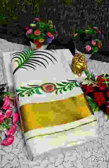 TRENDING KERALA SPECIAL FULL WORK EMBOSSED DIGITAL PRINTING TISSUE SAREE COLLECTIONS - BEIGE COLOUR (35)