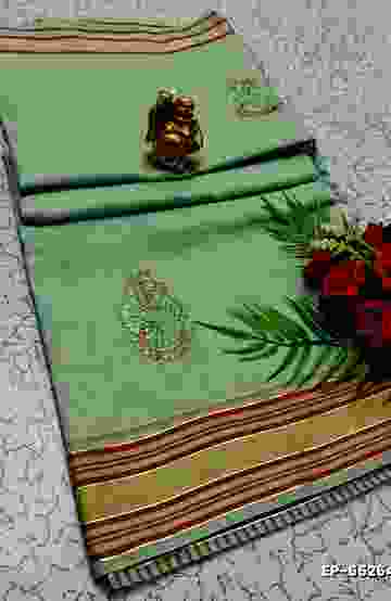 DIGITAL EMBROIDERY PRINTING COTTON SAREES - LIGHT GREEN