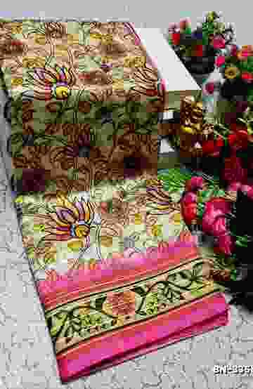 DESIGNER SOFT BANARASI SILK WITH KALAMKARI THEME  EXCLUSIVE MODEL WITH PURE ZARI  BORDER - LIGHT PEACH