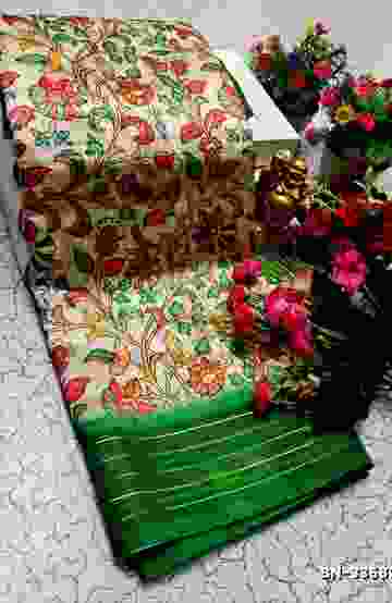 DESIGNER SOFT BANARASI SILK WITH KALAMKARI THEME  EXCLUSIVE MODEL WITH PURE ZARI  BORDER - CREAM