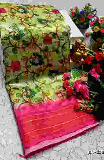 DESIGNER SOFT BANARASI SILK WITH KALAMKARI THEME  EXCLUSIVE MODEL WITH PURE ZARI  BORDER - LIGHT GREEN