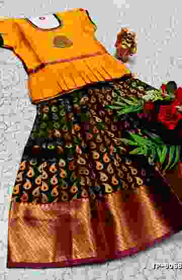 FESTIVAL AND FUNCTION WEAR TRADITIONAL KIDS PATTU PAVADAI STONE WORK DESIGN  - ORANGE (3)