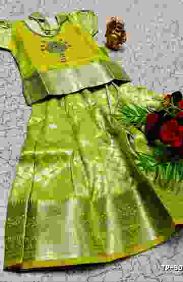 FESTIVAL AND FUNCTION WEAR TRADITIONAL KIDS PATTU PAVADAI STONE WORK DESIGN  - FLORAISON GREEN