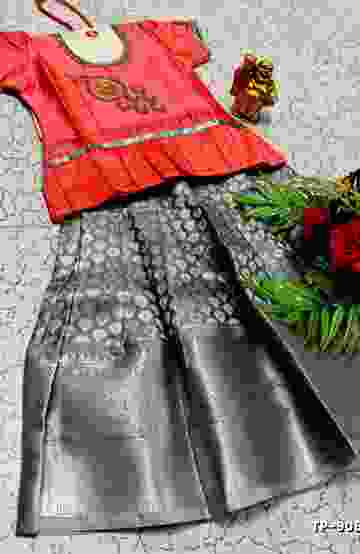 FESTIVAL AND FUNCTION WEAR TRADITIONAL KIDS PATTU PAVADAI STONE WORK DESIGN - CORAL COLOUR (3)
