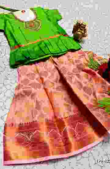 FESTIVAL AND FUNCTION WEAR TRADITIONAL KIDS PATTU PAVADAI STONE WORK DESIGN - GREEN (5)