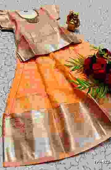 FESTIVAL AND FUNCTION WEAR TRADITIONAL KIDS PATTU PAVADAI STONE WORK DESIGN  - PEACH COLOUR (1)