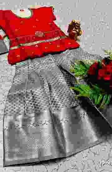 FESTIVAL AND FUNCTION WEAR TRADITIONAL KIDS PATTU PAVADAI STONE WORK DESIGN  - RED (3)