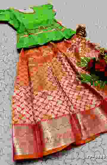 FESTIVAL AND FUNCTION WEAR TRADITIONAL KIDS PATTU PAVADAI STONE WORK DESIGN - GREEN COLOUR