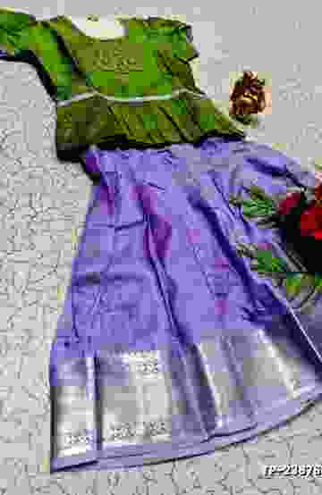 FESTIVAL AND FUNCTION WEAR TRADITIONAL KIDS PATTU PAVADAI STONE WORK DESIGN - GREEN COLOUR (1)