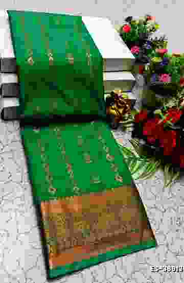 BRIDAL SILK GOLD SILVAR AND COPPER ZARI WEAVE AND WEDDING ART SILK SAREES - BOTTLE GREEN