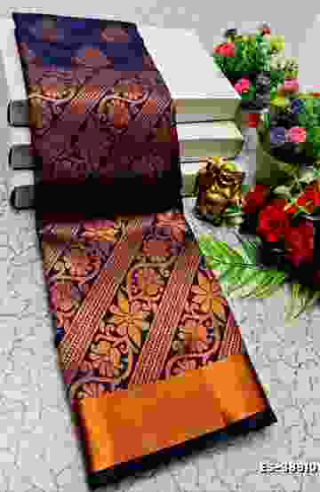 BRIDAL SILK GOLD SILVAR AND COPPER ZARI WEAVE AND WEDDING ART SILK SAREES - NAVY COLOUR (4)