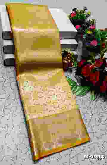BRIDAL SILK GOLD SILVAR AND COPPER ZARI WEAVE AND WEDDING ART SILK SAREES - YELLOW (1)