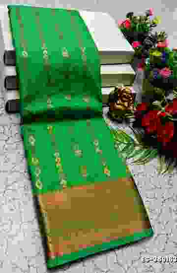 BRIDAL SILK GOLD SILVAR AND COPPER ZARI WEAVE AND WEDDING ART SILK SAREES - GREEN COLOUR (1)