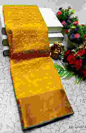 BRIDAL SILK GOLD SILVAR AND COPPER ZARI WEAVE AND WEDDING ART SILK SAREES - LEMON COLOUR (1)