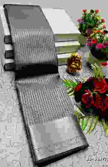 BRIDAL SILK GOLD SILVAR AND COPPER ZARI WEAVE AND WEDDING ART SILK SAREES - SLATE COLOUR