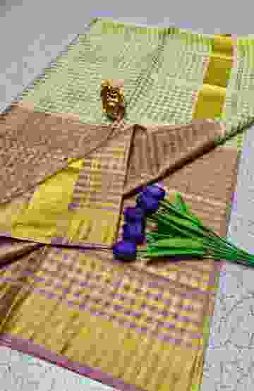 BRIDAL SILK GOLD SILVAR AND COPPER ZARI WEAVE AND WEDDING ART SILK SAREES - CREAM (2)