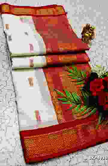 TRENDING DIGITAL EMBROIDERY ZARI WORK KALIYANI COTTON SAREES - WHITE