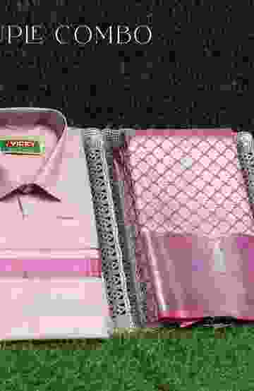 ELEGANT TISSUE DHOTI SHIRT & SAREE COUPLE COMBO COORDINATED LOOK FOR SPECIAL OCCASIONS - BABY PINK (11)