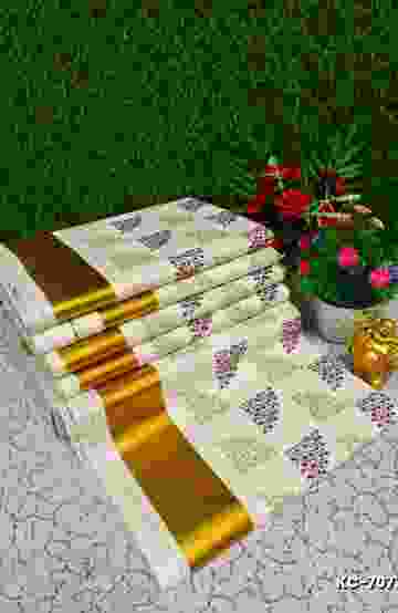 Trending Kerala Onam Special Kasavu Saree Full Work Embossed Digital Printing Cotton Saree Collections - IVORY COLOUR (2)