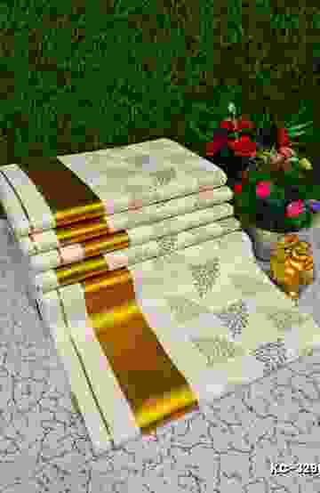 Trending Kerala Onam Special Kasavu Saree Full Work Embossed Digital Printing Cotton Saree Collections - WHITE N (1)