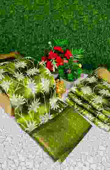 Fancy print office wear cotton sarees all over body Leaf Kodi Pattern design premium look lightweight comfortable wear - OLIVE GREEN