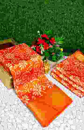 Fancy print office wear cotton sarees all over body kodi poo pattern design premium look lightweight comfortable wear - ORANGE