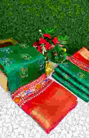 BRIDAL SILK GOLD SILVAR AND COPPER ZARI WEAVE AND WEDDING ART SILK SAREES - SLATE COLOUR
