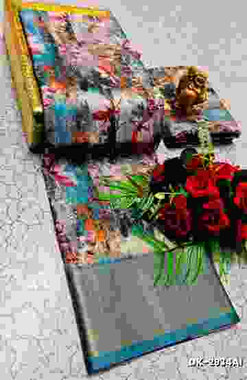 Elegant Floral Dola Silk Saree with Zari Border - MULTI COLOR