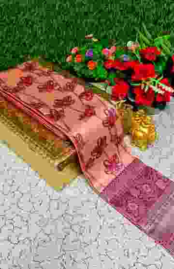 Premium kubera pattu saree rapier fancy  light weight silk type sarees function wear - CORAL COLOUR