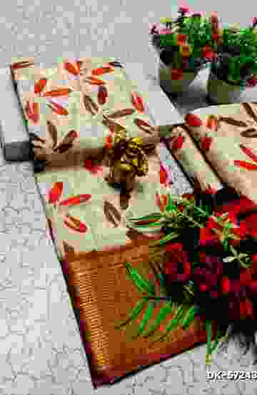 Elegant Floral Dola Silk Saree with Zari Border - CREAM (1)