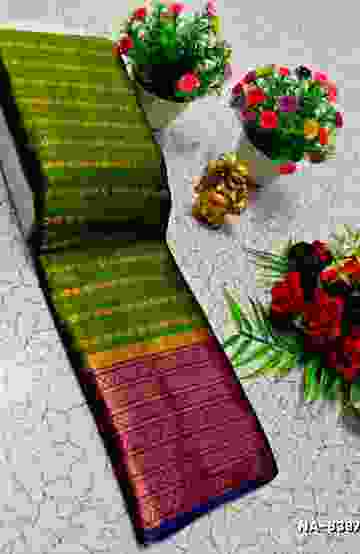 Narayani Cotton with Classic Zari Temple Border - OLIVE GREEN