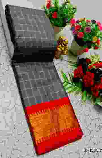Traditional Checked Silk Saree Premium Design Border Zari Design - GRAY