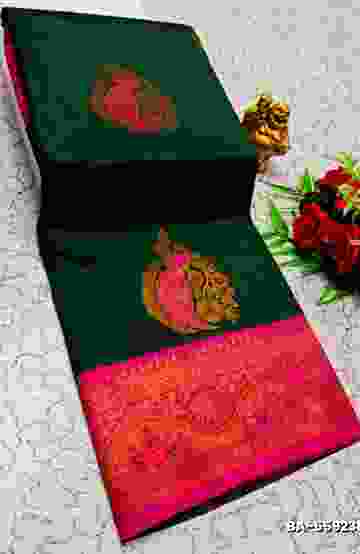 Premium Meena work Soft Silk Saree weddings, festivals, traditional Wear - DARK GREEN