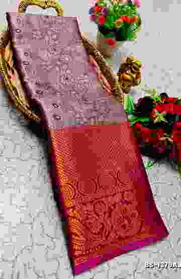 Kubera borderless elite bridal rapier fancy light weight silk type sarees function wear - LIGHT SANDLE