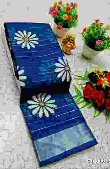Traditional linen cotton saree comfort meets traditional flower design - PEACKOK BLUE
