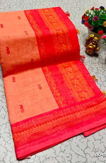 DIGITAL PRINTING KALIYANI LINEN COTTON SAREES - ORANGE