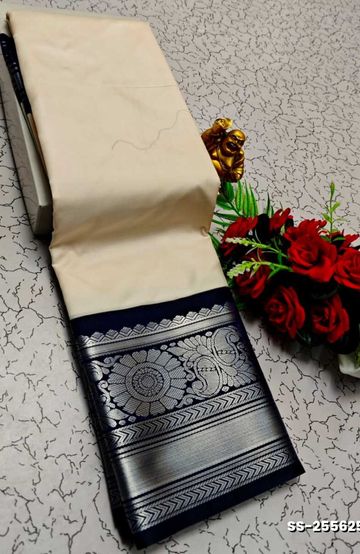 FANCY PLAIN SOFT SILK SAREES SILVAR  DESIGN BORDER  - WHITE (1)