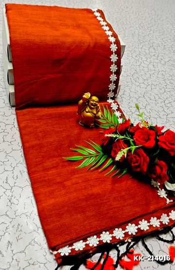 Handloom Khadi Cotton Saree With Hand Painted  Work - ORANGE