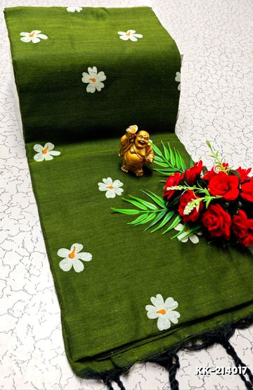 Handloom Khadi Cotton Saree With Hand Painted  Work - OLIVE GREEN