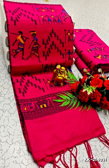 Handloom Khadi Cotton Saree With Hand Painted  Work - DARK PINK